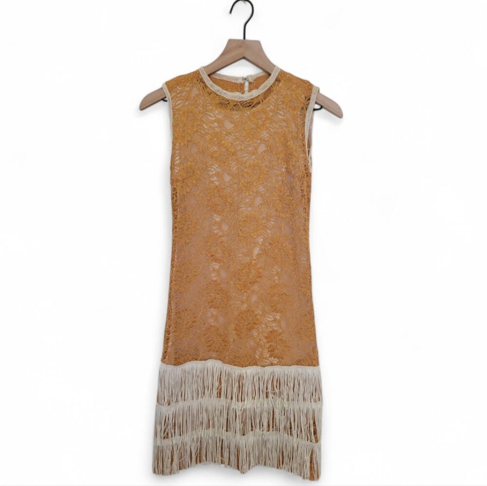 Flapper Dress Child Vintage Costume Gold and White Lace Fringe Youth Medium